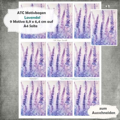 Lavendel 2 - ATC Motivbogen - A4 - 1 Seite mit 9 Motiven Lavendel 2 - ATC Motivbogen - A4 - 1 Seite mit 9 Motiven