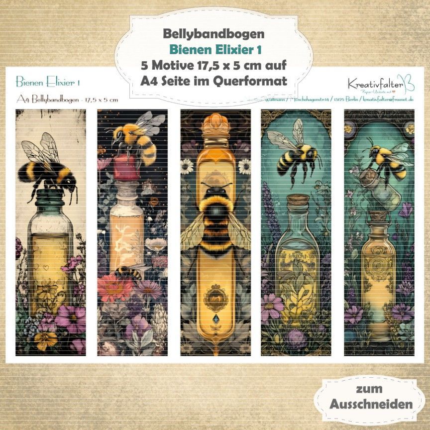 Bienen Elexier 1 -  Bellybandbogen - Lesezeichen - A4 quer - 1 Seite mit 5 Motiven