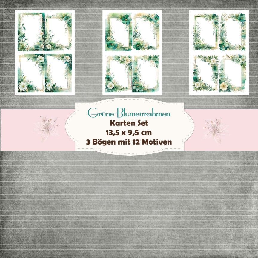 Grüne Blumenrahmen - Kartenset - 160g - 9,5 x 13,5 cm - 12 Motive - 3 Bögen