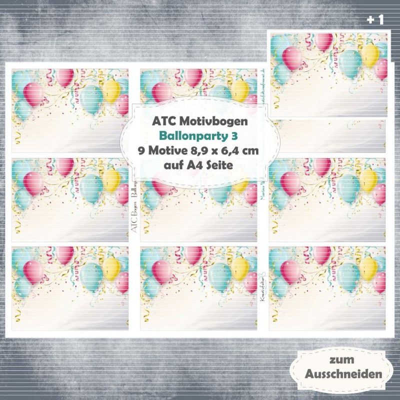 Ballonparty 3 - ATC Motivbogen - A4 - 1 Seite mit 9 Motiven Ballonparty 3 - ATC Motivbogen - A4 - 1 Seite mit 9 Motiven