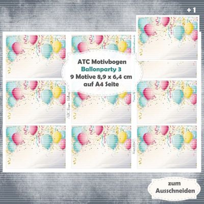 Ballonparty 3 - ATC Motivbogen - A4 - 1 Seite mit 9 Motiven Ballonparty 3 - ATC Motivbogen - A4 - 1 Seite mit 9 Motiven