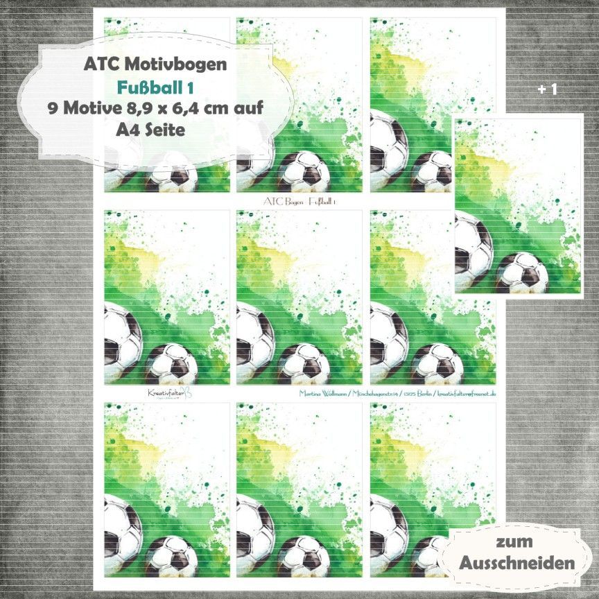Fußball 1  - ATC Motivbogen - A4 - 1 Seite mit 9 Motiven