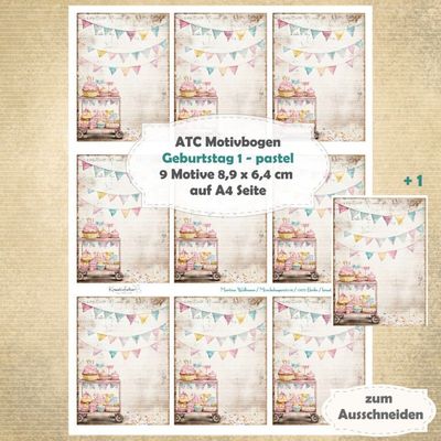 Geburtstag 1 - ATC Motivbogen - A4 - 1 Seite mit 9 Motiven