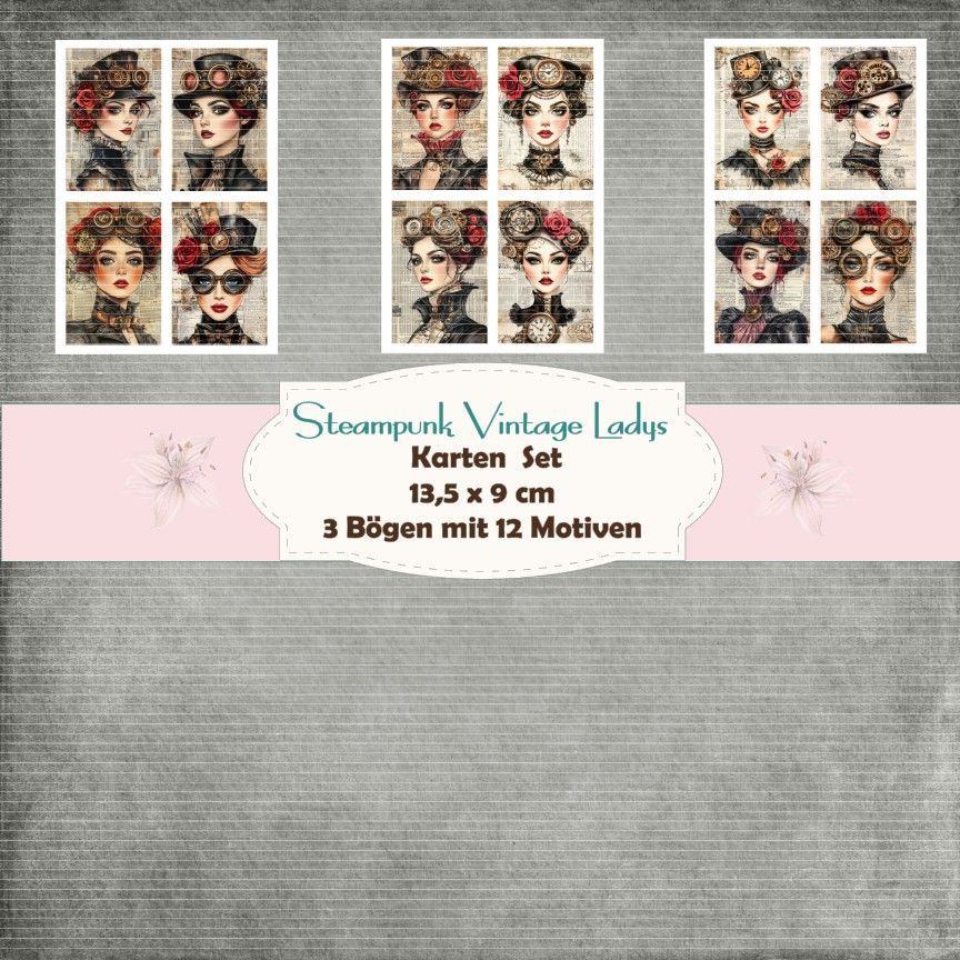 Steampunk Vintage Ladys - Kartenset - 160g/A4 - 12 Motive - 3 Bögen