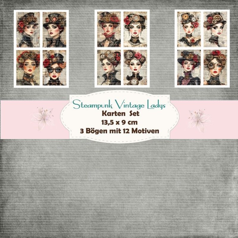 Steampunk Vintage Ladys - Kartenset - 160g/A4 - 12 Motive - 3 Bögen