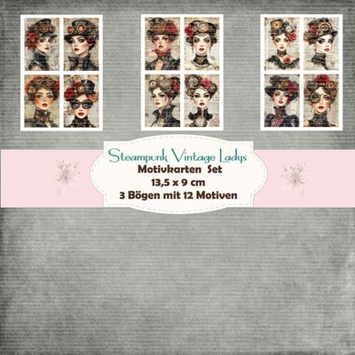 Steampunk Vintage Ladys - Motivkarten Set - 160g - 9,5 x 13,5 cm - 12 Motive - 3 Bögen Steampunk Vintage Ladys - Motivkarten Set - 160g - 9,5 x 13,5 cm - 12 Motive - 3 Bögen