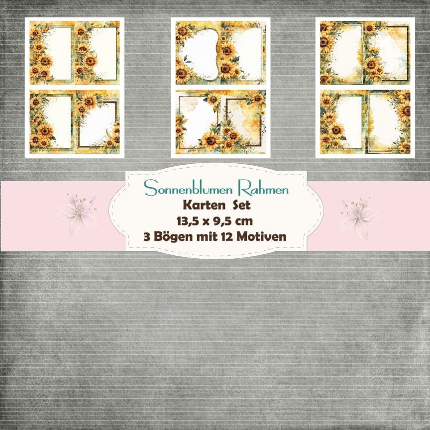Sonnenblumen Rahmen - Kartenset - 160g - 9,5 x 13,5 cm - 12 Motive - 3 Bögen