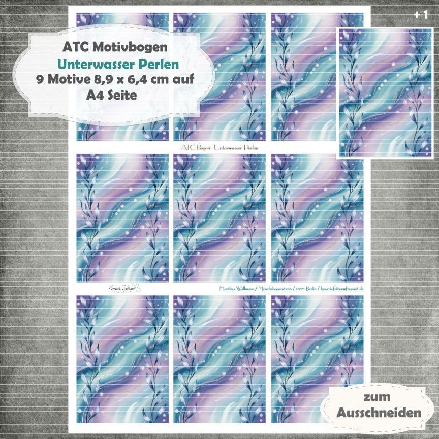 Unterwasser Perlen - ATC Motivbogen - A4 Hochformat - 1 Seite mit 9 Motiven