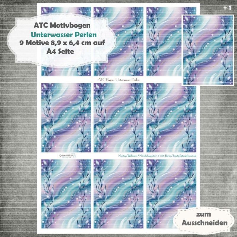 Unterwasser Perlen - ATC Motivbogen - A4 Hochformat - 1 Seite mit 9 Motiven