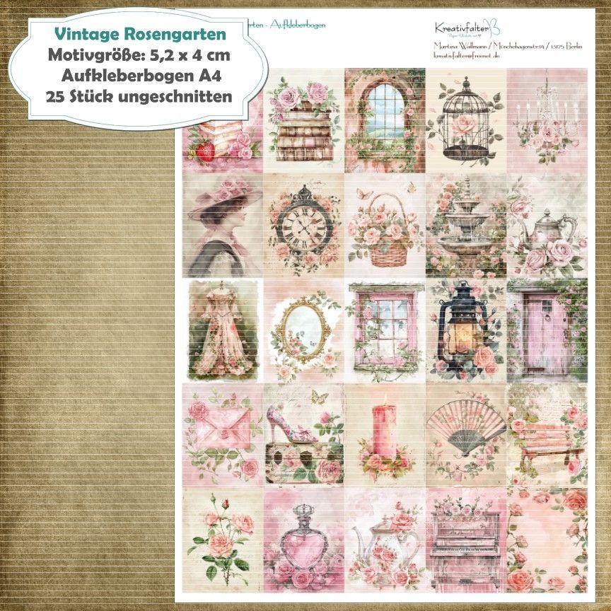 Vintage Rosengarten - Aufkleberbogen - A4 - 1 Seite mit 25 Motive Vintage Rosengarten - Aufkleberbogen - A4 - 1 Seite mit 25 Motive