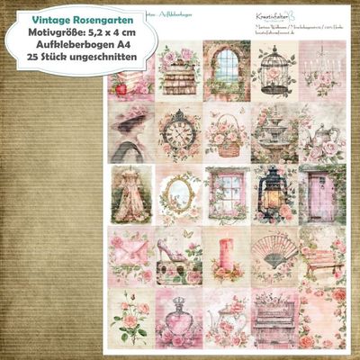 Vintage Rosengarten - Aufkleberbogen - A4 - 1 Seite mit 25 Motive Vintage Rosengarten - Aufkleberbogen - A4 - 1 Seite mit 25 Motive
