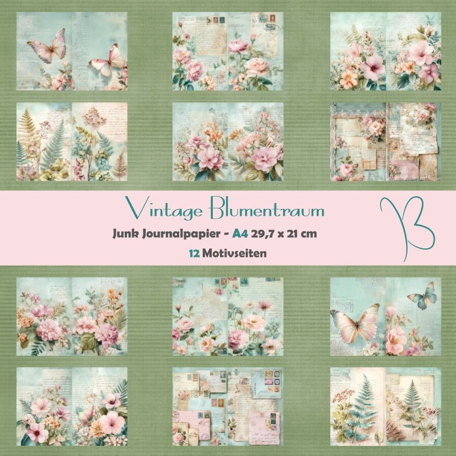 Vintage Blumentraum A4 - Junk Journal Seiten - 12 Seiten Vintage Blumentraum A4 - Junk Journal Seiten - 12 Seiten