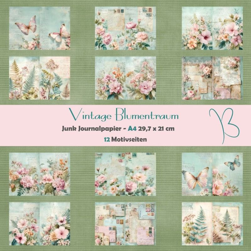 Vintage Blumentraum A4 -  Junk Journal Seiten - 12 Seiten