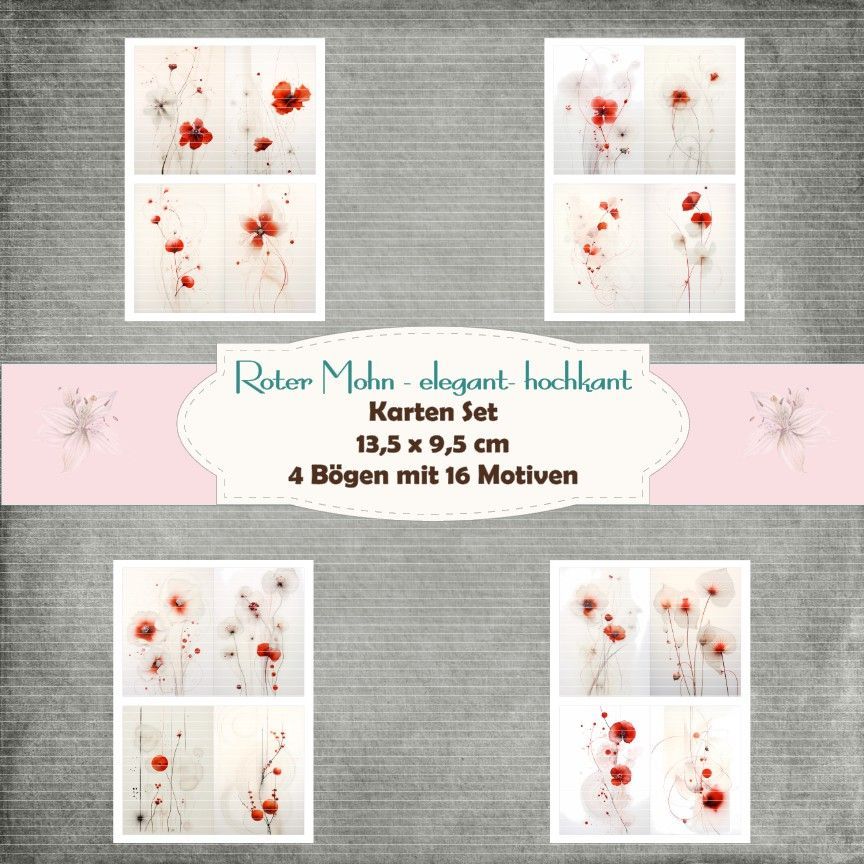 Roter Mohn - elegant- hochkant - Kartenset - 160g - 9,5 x 13,5 cm - 16 Motive - 4 Bögen