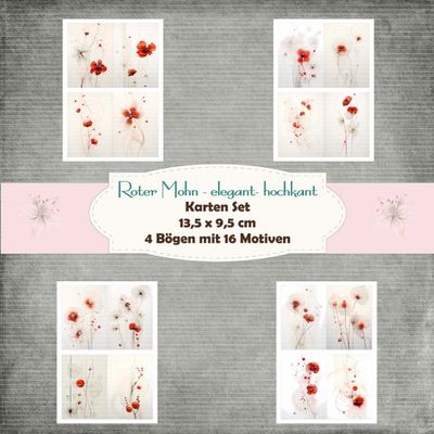 Roter Mohn - elegant- hochkant - Karten Set - 160g - 9,5 x 13,5 cm - 16 Motive - 4 Bögen Roter Mohn - elegant- hochkant - Karten Set - 160g - 9,5 x 13,5 cm - 16 Motive - 4 Bögen