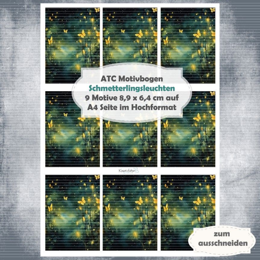 Schmetterlingsleuchten - ATC Motivbogen - A4 Querformat - 1 Seite mit 9 Motiven