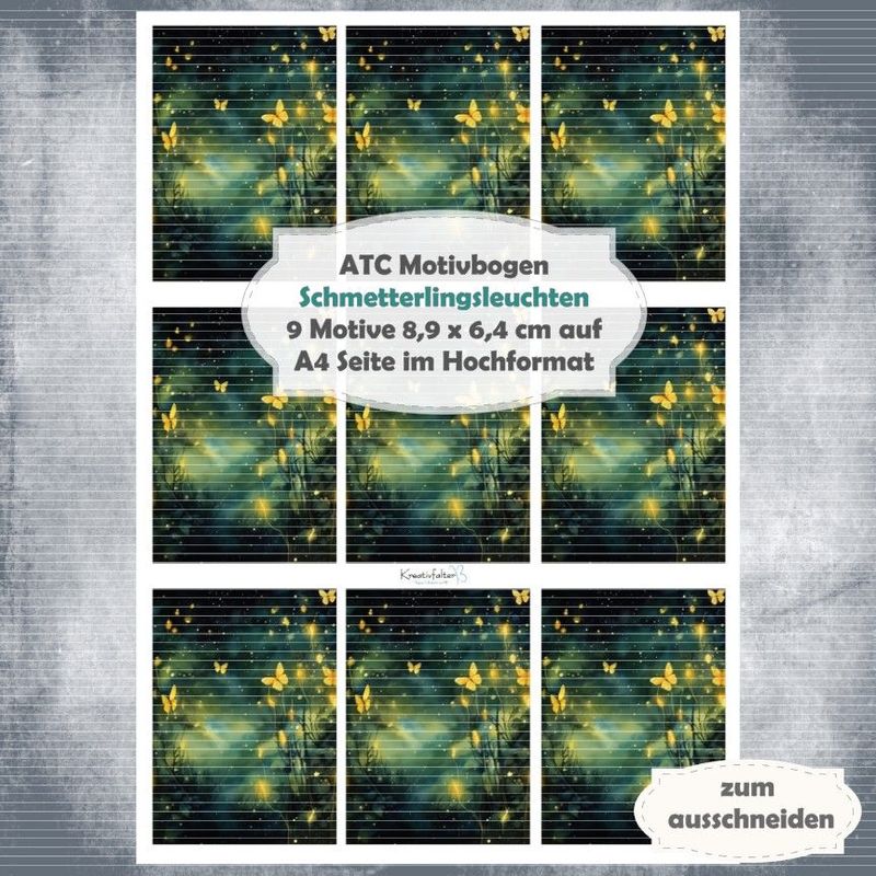 Schmetterlingsleuchten - ATC Motivbogen - A4 Querformat - 1 Seite mit 9 Motiven