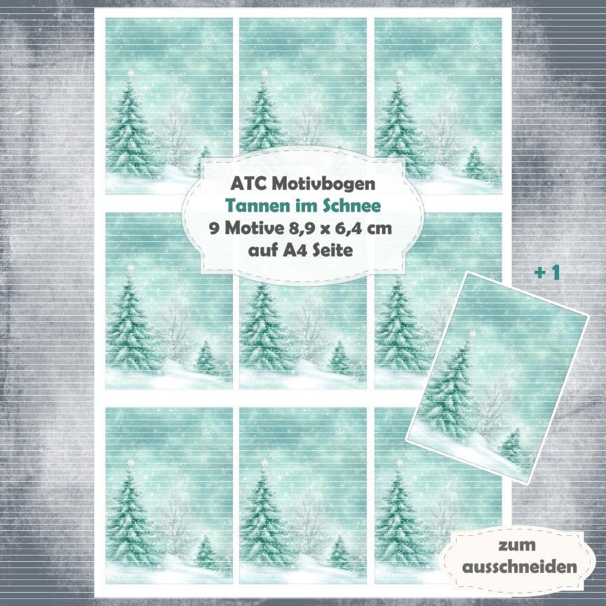 Tannen im Schnee - ATC Motivbogen - A4 Hochformat - 1 Seite mit 9 Motiven