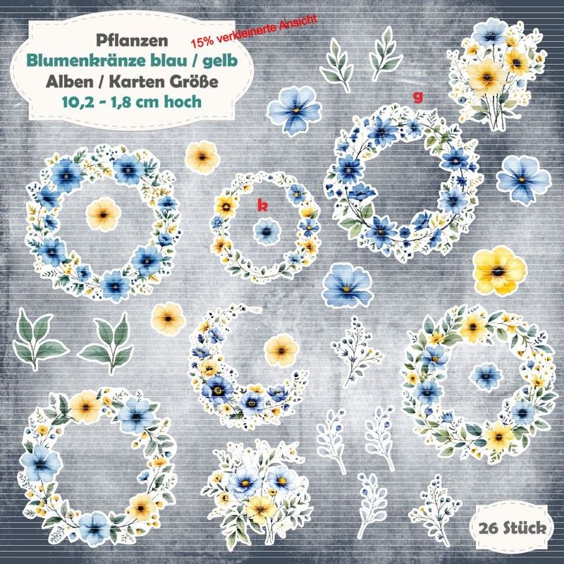 Blumenkränze blau /gelb - 210g - Alben / Kartengröße - 26 Stanzteile - Die Cuts
