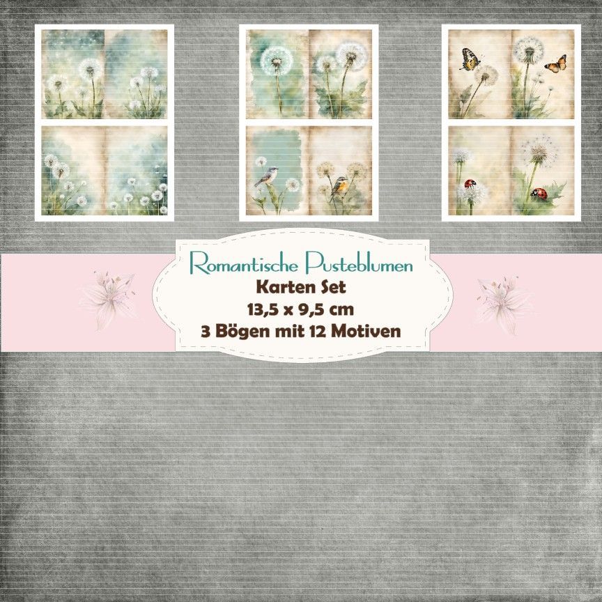 Romantische Pusteblumen - Kartenset - 160g - 9,5 x 13,5 cm - 12 Motive - 3 Bögen
