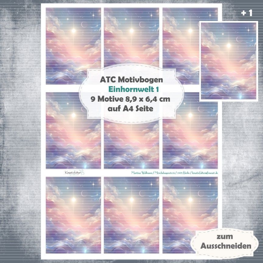 Einhornwelt 1 - ATC Motivbogen - A4 Hochformat - 1 Seite mit 9 Motiven