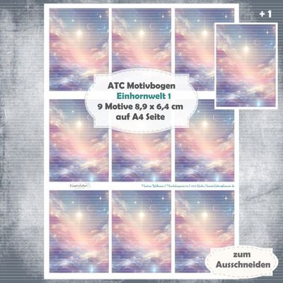 Einhornwelt 1 - ATC Motivbogen - A4 Hochformat - 1 Seite mit 9 Motiven Einhornwelt 1 - ATC Motivbogen - A4 Hochformat - 1 Seite mit 9 Motiven