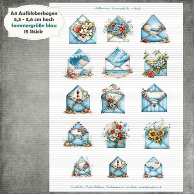 Sommergrüße blau - Aufkleberbogen - A4 - 1 Seite mit 15 Motive Sommergrüße blau - Aufkleberbogen - A4 - 1 Seite mit 15 Motive
