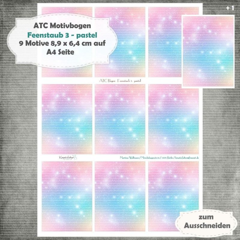 Feenstaub 3-pastel - ATC Motivbogen - A4 Hochformat - 1 Seite mit 9 Motiven