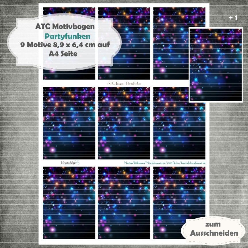 Partyfunken - ATC Motivbogen - A4 Hochformat - 1 Seite mit 9 Motiven