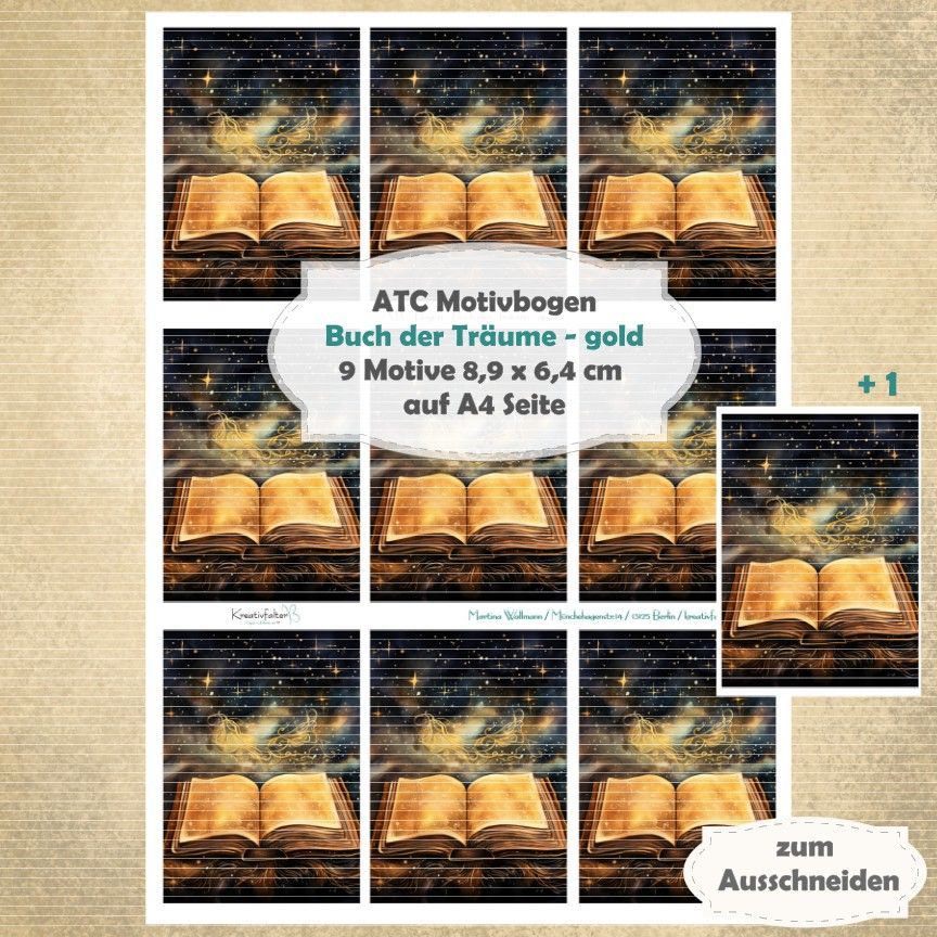 Buch der Träume - gold - ATC Motivbogen - A4 - 1 Seite mit 9 Motiven Buch der Träume - gold - ATC Motivbogen - A4 - 1 Seite mit 9 Motiven