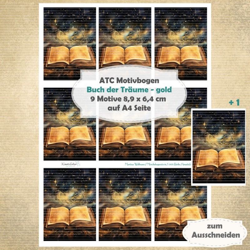 Buch der Träume - gold  - ATC Motivbogen - A4 - 1 Seite mit 9 Motiven
