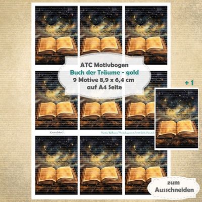 Buch der Träume - gold - ATC Motivbogen - A4 - 1 Seite mit 9 Motiven Buch der Träume - gold - ATC Motivbogen - A4 - 1 Seite mit 9 Motiven