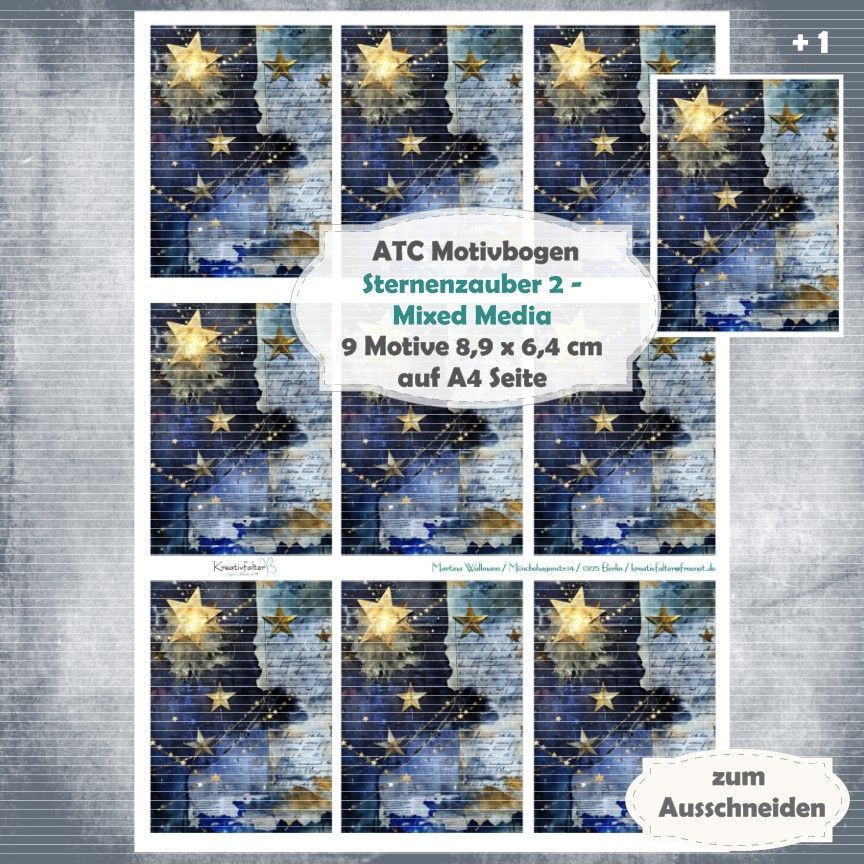 Sternenzauber 2 - Mixed Media - ATC Motivbogen - A4 - 1 Seite mit 9 Motiven Sternenzauber 2 - Mixed Media - ATC Motivbogen - A4 - 1 Seite mit 9 Motiven