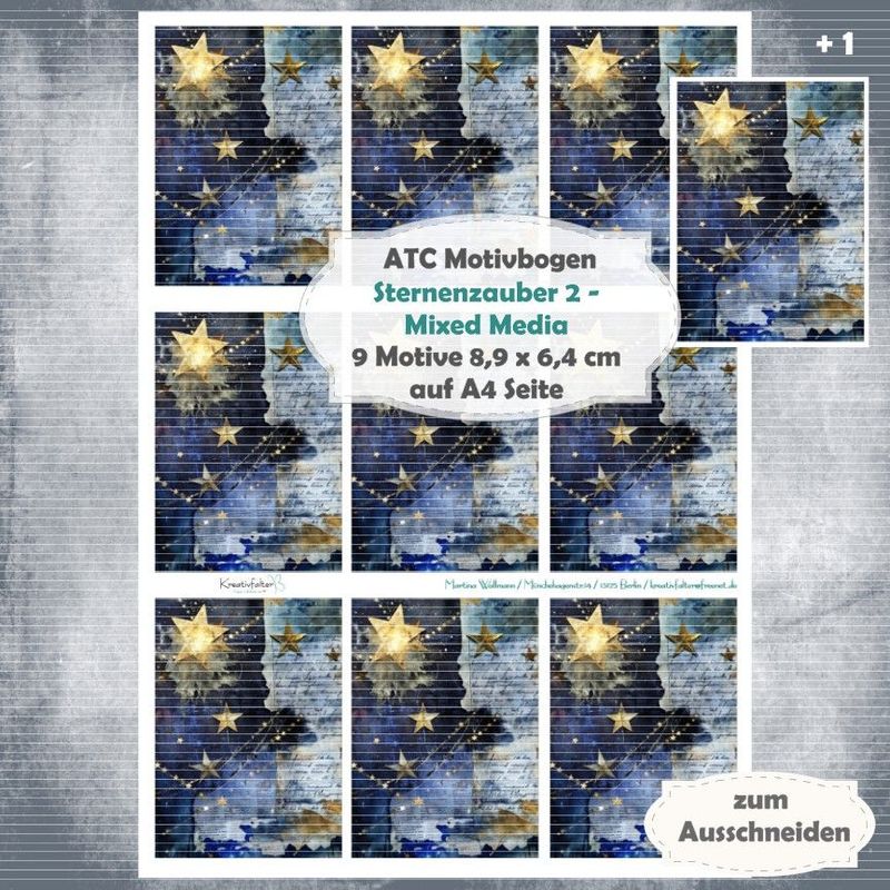 Sternenzauber 2 - Mixed Media - ATC Motivbogen - A4 - 1 Seite mit 9 Motiven