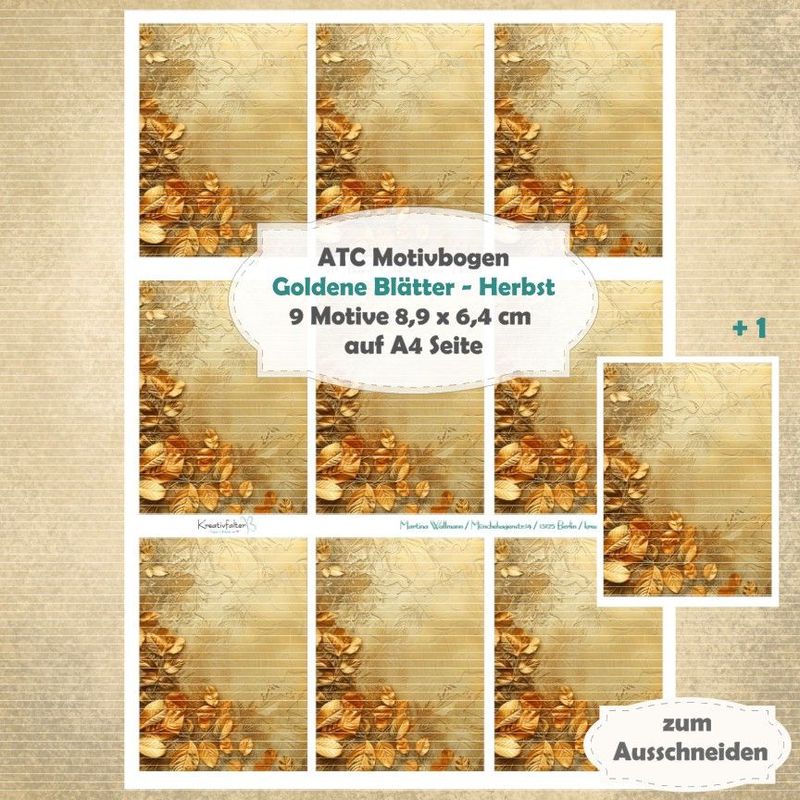 Goldene Blätter - Herbst - ATC Motivbogen - A4 - 1 Seite mit 9 Motiven
