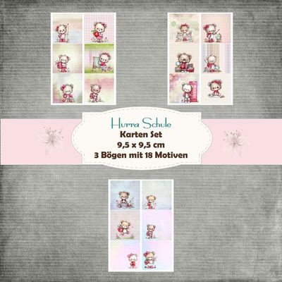 Hurra Schule - Karten Set - 160g - 9,5 x 9,5 cm - 18 Motive - 3 Bögen