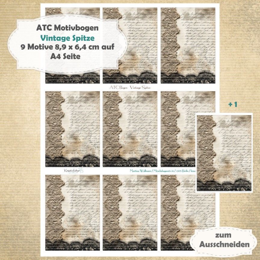 Vintage Spitze - ATC Motivbogen - A4 - 1 Seite mit 9 Motiven Vintage Spitze - ATC Motivbogen - A4 - 1 Seite mit 9 Motiven
