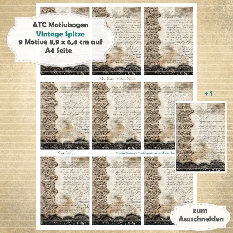 Vintage Spitze - ATC Motivbogen - A4 - 1 Seite mit 9 Motiven Vintage Spitze - ATC Motivbogen - A4 - 1 Seite mit 9 Motiven