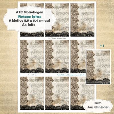 Vintage Spitze - ATC Motivbogen - A4 - 1 Seite mit 9 Motiven Vintage Spitze - ATC Motivbogen - A4 - 1 Seite mit 9 Motiven