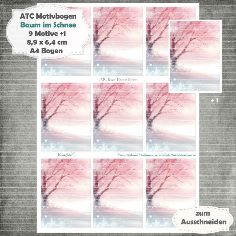 Baum im Schnee - ATC Motivbogen - A4 - 1 Seite mit 9 Motiven Baum im Schnee - ATC Motivbogen - A4 - 1 Seite mit 9 Motiven