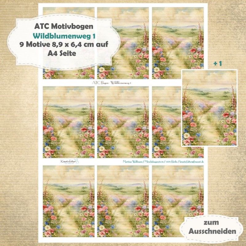 Wildblumenweg 1 - ATC Motivbogen - A4 - 1 Seite mit 9 Motiven Wildblumenweg 1 - ATC Motivbogen - A4 - 1 Seite mit 9 Motiven