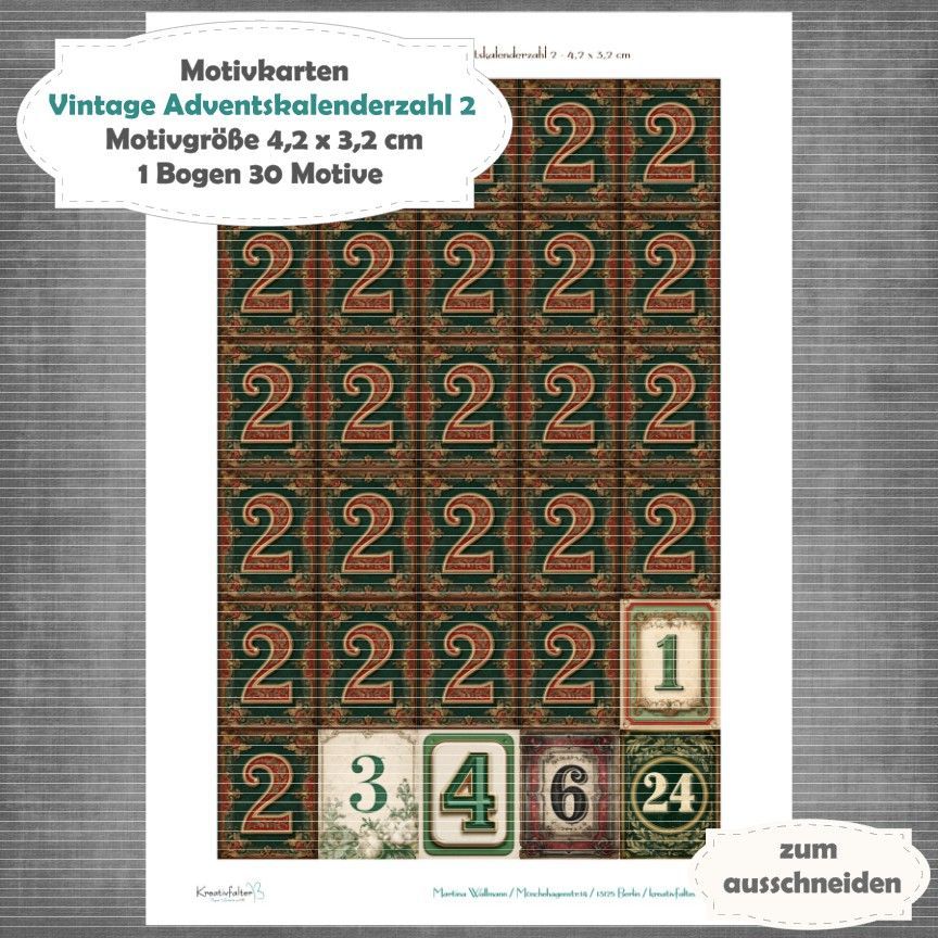 Vintage Adventskalenderzahl 2 + die Adventssontage sowie der 6. und 24 - Motivkarten - A4 Hochformat - 1 Seite mit 30 Motiven Vintage Adventskalenderzahl 2 + die Adventssontage sowie der 6. und 24 - Motivkarten - A4 Hochformat - 1 Seite mit 30 Motiven