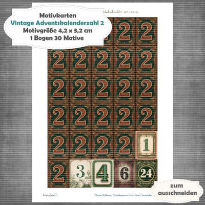 Vintage Adventskalenderzahl 2 + die Adventssontage sowie der 6. und 24 - Motivkarten - A4 Hochformat - 1 Seite mit 30 Motiven Vintage Adventskalenderzahl 2 + die Adventssontage sowie der 6. und 24 - Motivkarten - A4 Hochformat - 1 Seite mit 30 Motiven