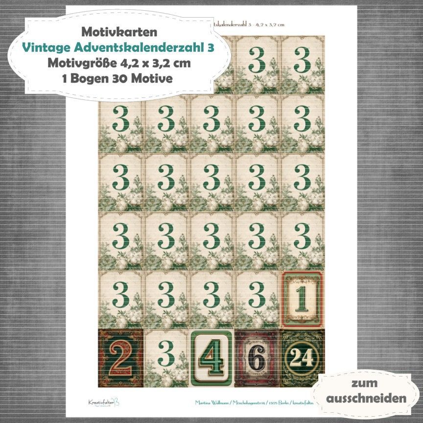 Vintage Adventskalenderzahl 3 + die Adventssontage sowie der 6. und 24 - Motivkarten - A4 Hochformat - 1 Seite mit 30 Motiven Vintage Adventskalenderzahl 3 + die Adventssontage sowie der 6. und 24 - Motivkarten - A4 Hochformat - 1 Seite mit 30 Motiven