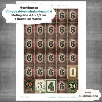 Vintage Adventskalenderzahl 6 + die Adventssontage sowie der 6. und 24 - Motivkarten - A4 Hochformat - 1 Seite mit 30 Motiven Vintage Adventskalenderzahl 6 + die Adventssontage sowie der 6. und 24 - Motivkarten - A4 Hochformat - 1 Seite mit 30 Motiven