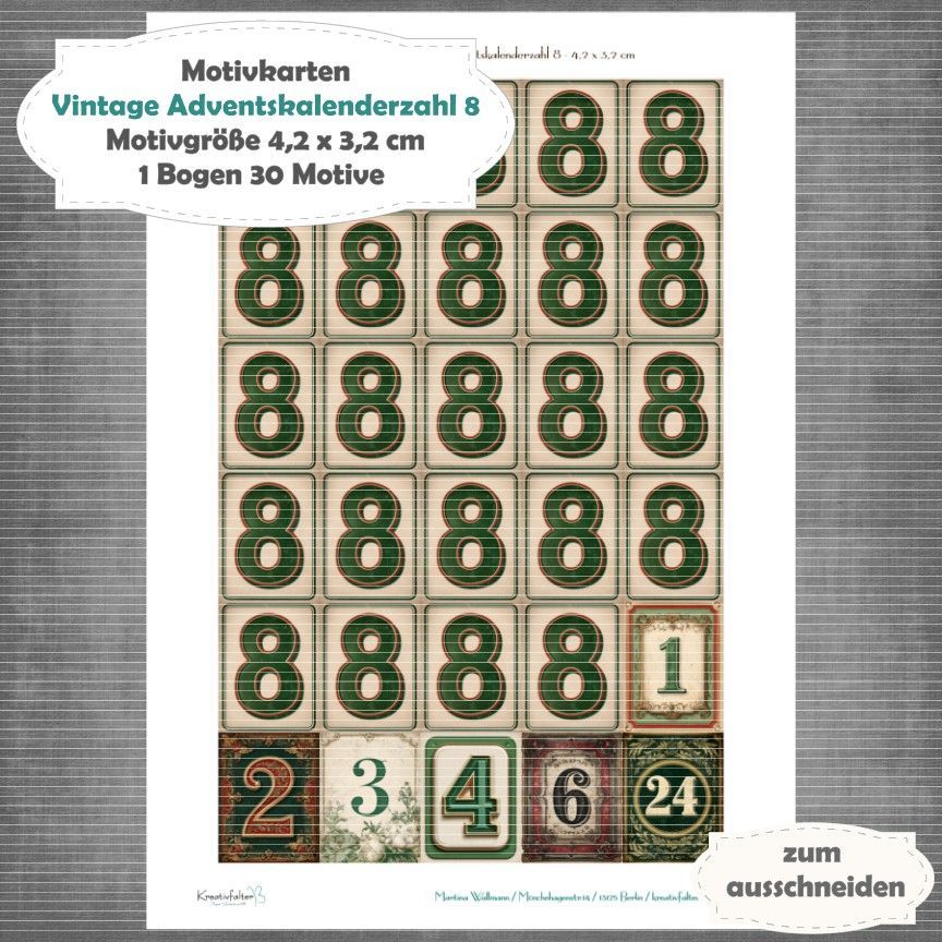 Vintage Adventskalenderzahl 8 + die Adventssontage sowie der 6. und 24 - Motivkarten - A4 Hochformat - 1 Seite mit 30 Motiven Vintage Adventskalenderzahl 8 + die Adventssontage sowie der 6. und 24 - Motivkarten - A4 Hochformat - 1 Seite mit 30 Motiven