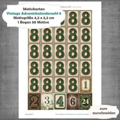 Vintage Adventskalenderzahl 8 + die Adventssontage sowie der 6. und 24 - Motivkarten - A4 Hochformat - 1 Seite mit 30 Motiven Vintage Adventskalenderzahl 8 + die Adventssontage sowie der 6. und 24 - Motivkarten - A4 Hochformat - 1 Seite mit 30 Motiven