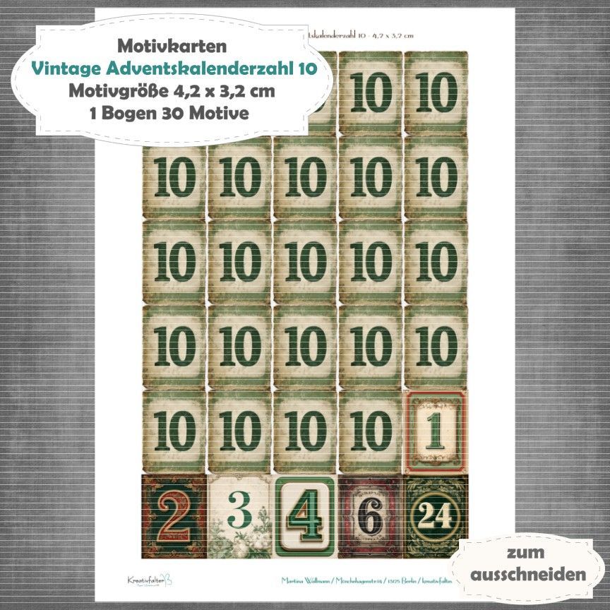 Vintage Adventskalenderzahl 10 + die Adventssontage sowie der 6. und 24 - Motivkarten - A4 Hochformat - 1 Seite mit 30 Motiven Vintage Adventskalenderzahl 10 + die Adventssontage sowie der 6. und 24 - Motivkarten - A4 Hochformat - 1 Seite mit 30 Motiven