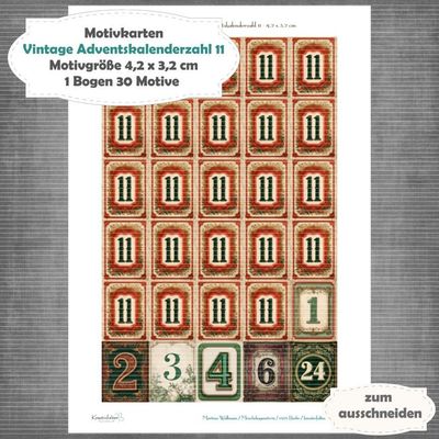 Vintage Adventskalenderzahl 11 + die Adventssontage sowie der 6. und 24 - Motivkarten - A4 Hochformat - 1 Seite mit 30 Motiven Vintage Adventskalenderzahl 11 + die Adventssontage sowie der 6. und 24 - Motivkarten - A4 Hochformat - 1 Seite mit 30 Motiven