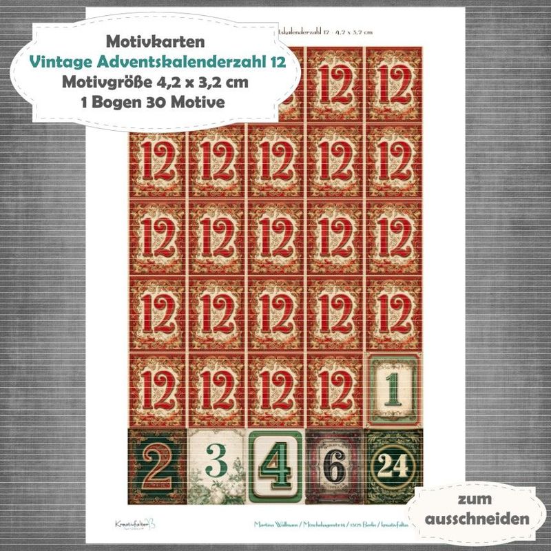 Vintage Adventskalenderzahl 12 + die Adventssontage sowie der 6. und 24 - Motivkarten - A4 Hochformat - 1 Seite mit 30 Motiven Vintage Adventskalenderzahl 12 + die Adventssontage sowie der 6. und 24 - Motivkarten - A4 Hochformat - 1 Seite mit 30 Motiven